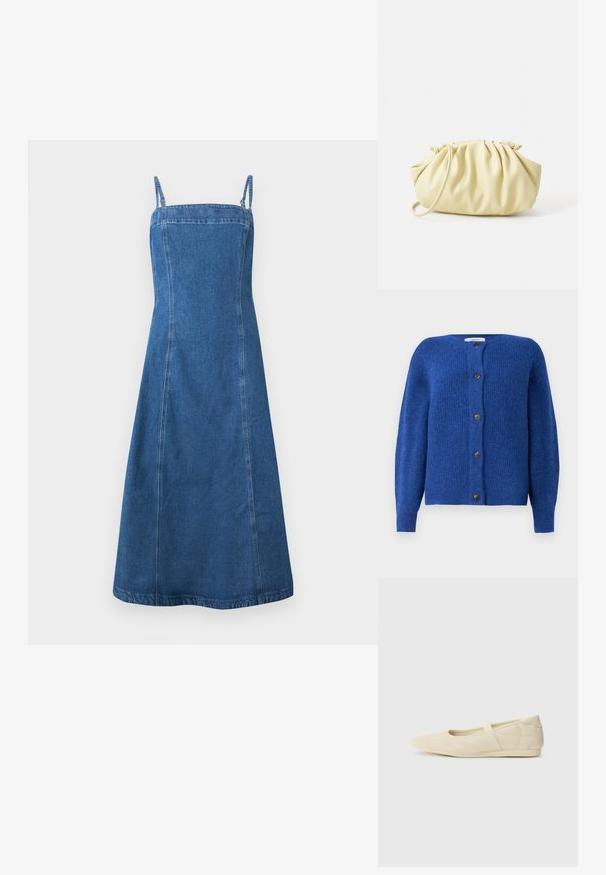 Sininen neulecardigan, jossa on pyöreä pääntie, pitkät hihat ja kuusi mustaa nappia edessä. Teksturoitu kangas, jossa on pehmeä pinta.; Sininen denimmidi-mekko ohuilla olkahihnoilla, neliskanttinen pääntie ja vartalonmyötäinen yläosa, joka levenee hieman helmaa kohti.; Beige ballerinat kengät, joissa on sileä nahka-aines, mantelinmuotoinen kärki ja joustava nauha jalkapöydän ympärillä, sisältäen hillittyjä ompeluyksityiskohtia.; Keltainen pleidattu käsilaukku, joka on valmistettu sileästä keinonahasta. Laukussa on pehmeä muoto, yksittäinen olkahihna ja rypytetty yläosa.