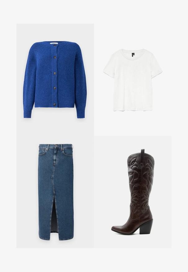 Blå strikket cardigan med rund halsudskæring, lange ærmer og seks sorte knapper foran. Teksturstof med en blød finish.; Hvid kortærmet t-shirt med rund halsudskæring, lavet af letvægtsstof. Enkel design, glat tekstur og lige kant.; Denim blyantskirt i mellemblå med en frontslids, klassisk fem-lomme design og knaplukning i taljen. Glat tekstur.; Høj mørkebrun læder cowboystøvle med syede dekorative mønstre, spids tå og stablet blokhæle.