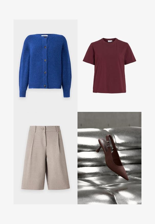 Blauwe gebreide cardigan met een ronde halslijn, lange mouwen en zes zwarte knopen aan de voorkant. Gestructureerde stof met een zachte afwerking.; Effen t-shirt met korte mouwen en ronde hals in een donkere bordeauxrode kleur, afgebeeld op een witte achtergrond zonder patronen of logo's.; Beige op maat gemaakte shorts met plooien, voorzien van een knoopsluiting en een soepel textuur, ontworpen voor een gestructureerde, moderne silhoutte.; Bruine puntschoen met slingback, lage hak en gespband, rustend op een glanzend, zilverkleurig, getuft oppervlak.