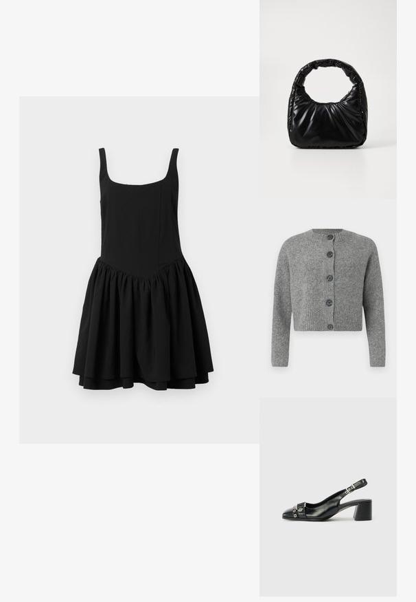 Cárdigan corto gris con textura acanalada, cuello redondo y seis botones oscuros en la parte delantera. Mangas largas con puños acanalados.; Vestido negro sin mangas con escote cuadrado, cuerpo ajustado y falda acampanada y fruncida; textura suave y color sólido.; Tacón slingback de cuero negro con punta afilada, correa texturizada con acentos metálicos circulares y tacón cuadrado apilado.; Bolso negro acolchado con un asa redondeada, que presenta una superficie lisa y brillante y una textura suave y acolchada. Sin herrajes ni acentos visibles.