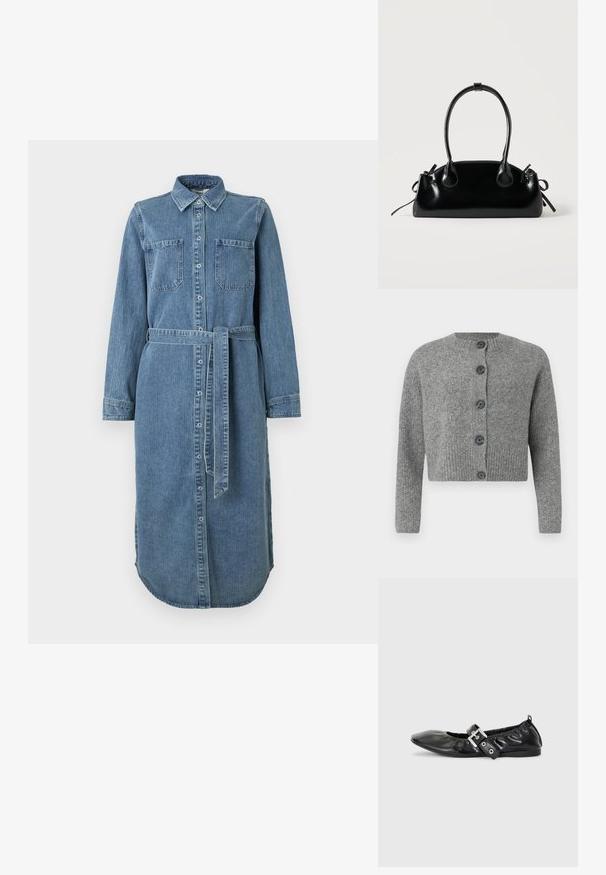 Grauer, kurzer Strick cardigan mit gerippter Textur, rundem Ausschnitt und sechs dunklen Knöpfen vorne. Lange Ärmel mit gerippten Bündchen.; Jeanshemdkleid in Hellblau mit langen Ärmeln, Knopfleiste, zwei Brusttaschen und einem Taillengürtel. Der Saum ist rund und hinten länger.; Schwarze Leder-Ballerinas mit spitzem Zehenbereich, gerafften Details am Schaft und einem silbernen Schnallenakzent am verstellbaren Riemen.; Kleine schwarze glänzende Handtasche mit zwei langen Griffen und seitlichen Kordelzug-Details vor einfachem hellem Hintergrund.