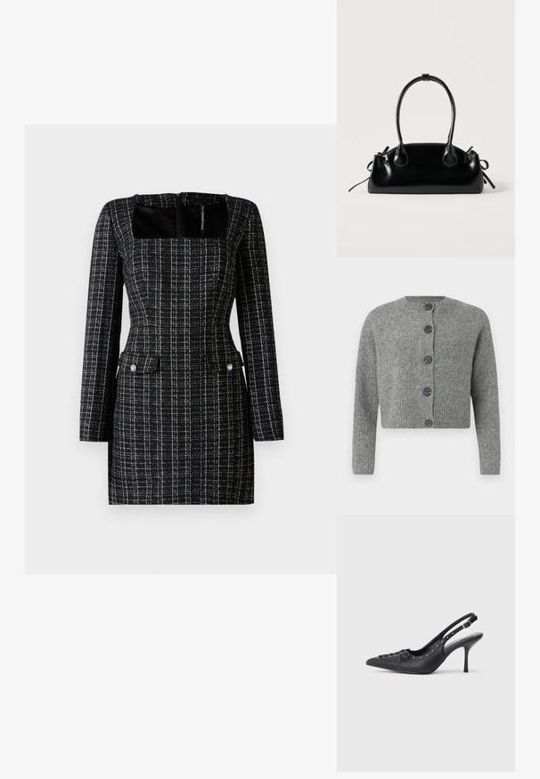 Grauer, kurzer Strick cardigan mit gerippter Textur, rundem Ausschnitt und sechs dunklen Knöpfen vorne. Lange Ärmel mit gerippten Bündchen.; Schwarz-weiß kariertes Kleid mit quadratischem Ausschnitt, langen Ärmeln und zwei Fronttaschen mit perlenartigen Knöpfen. Strukturierter Stoff.; Schwarzer Leder-Slingback-Stiletto mit spitzem Zehenaufsatz, seitlichem Schnallenriemen, Nieten entlang der Kante und dekorativer Schnürung vorne.; Kleine schwarze glänzende Handtasche mit zwei langen Griffen und seitlichen Kordelzug-Details vor einfachem hellem Hintergrund.