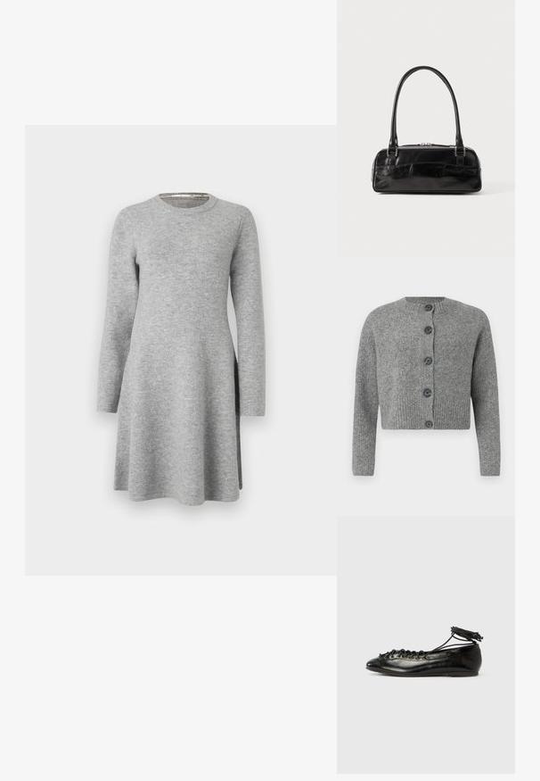 Cárdigan corto gris con textura acanalada, cuello redondo y seis botones oscuros en la parte delantera. Mangas largas con puños acanalados.; Vestido largo gris de manga larga hecho de una tela suave; presenta un escote redondo y un corte relajado, con un leve aumento en el dobladillo y aberturas laterales.; Zapatos planos tipo ballet de charol negro con punta redondeada, diseño con cordones y suela plana. Textura lisa con detalles mínimos.; Bolso de mano de cuero negro con forma rectangular, equipado con un asa estructurada, herrajes en plata y cierre de cremallera. Textura suave.