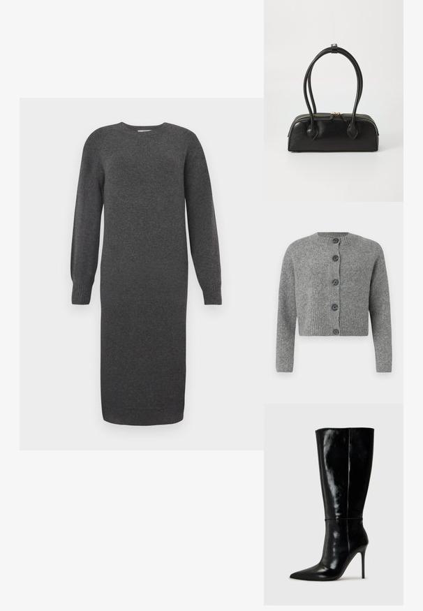 Grauer, kurzer Strick cardigan mit gerippter Textur, rundem Ausschnitt und sechs dunklen Knöpfen vorne. Lange Ärmel mit gerippten Bündchen.; Dunkelgraues Strickkleid mit langen Ärmeln, rundem Ausschnitt und gerippten Bündchen. Knielang und mit glatter Textur. Einfaches Design ohne Muster.; Schwarze Leder-Knielange Stiefel mit spitzem Schuh und hohem Stiletto-Absatz. Glatte Textur und elegantes Design, das sich durch minimale Details auszeichnet.; Schwarze Lederhandtasche mit zwei verlängerten Griffen, Reißverschluss und runder Form; glatte Textur mit subtiler glänzender Oberfläche.