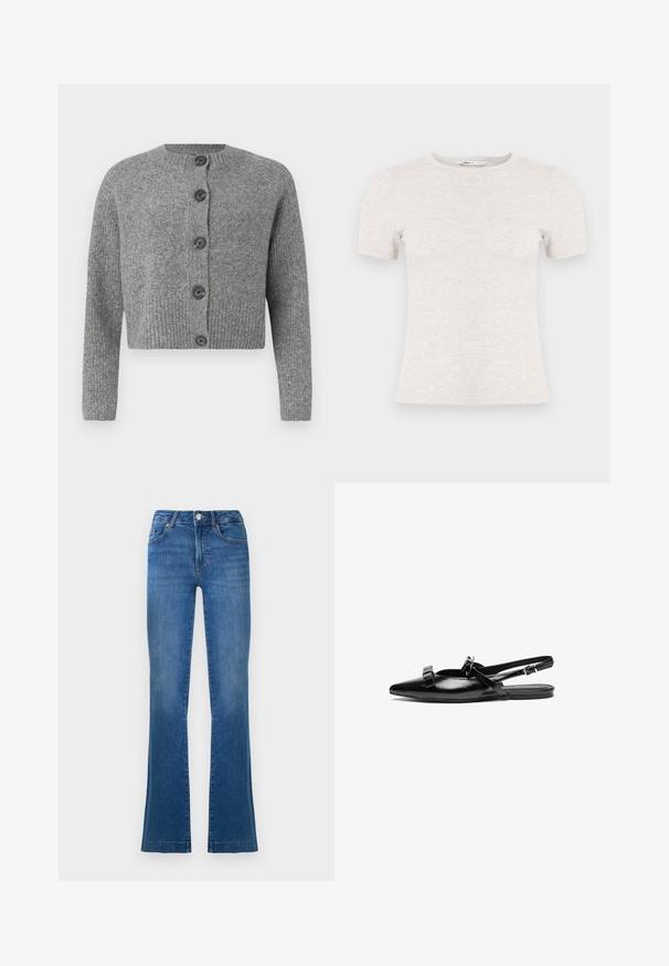 Grauer, kurzer Strick cardigan mit gerippter Textur, rundem Ausschnitt und sechs dunklen Knöpfen vorne. Lange Ärmel mit gerippten Bündchen.; Hellgraues, kurzärmliges T-Shirt aus Rippstoff mit Rundhalsausschnitt. Schlichtes Design, glatte Textur, keine sichtbaren Muster oder Akzente.; Blaue Boots-Cut-Jeans aus Denim, mit einem klassischen Fünf-Taschen-Design, einem vorderen Knopfverschluss und leicht ausgebleichten Stellen an den Oberschenkeln.; Schwarze Leder-Slingback-Ballettschuhe mit spitzer Zehenform, verziert mit Rüschendetails auf dem Schaft und einem verstellbaren Knöchelriemen. Glatte Oberflächenstruktur.
