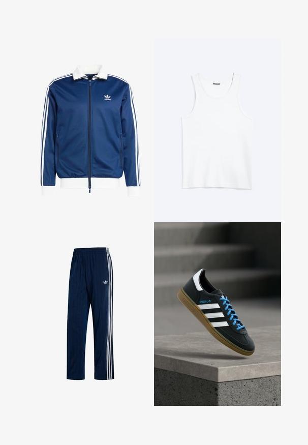 Veste de sport zippée bleue avec un col et des poignets blancs, ornée de trois rayures blanches le long des manches et d'un logo Adidas sur la poitrine.; Débardeur blanc sans manches avec col rond et étiquette de la marque Weekday à l'intérieur du col arrière, présenté à plat sur un fond clair.; Pantalon de survêtement Adidas bleu marine avec trois bandes blanches sur les côtés et une taille élastique, avec un logo trefoil blanc sur la cuisse gauche.; Baskets Adidas noires avec des rayures blanches, des lacets bleus et une semelle en gomme flottant au-dessus d'une marche en béton grise sous une lumière douce.