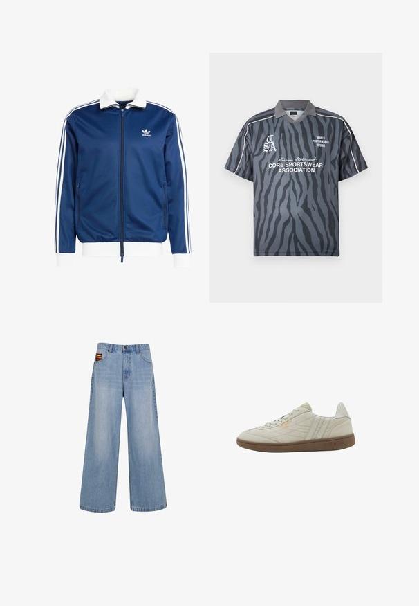 Blå sportslig lynlåsjakke med hvid krave og manchetter, der har tre hvide striber ned ad ærmerne og et Adidas-logo på brystet.; Kortærmet sportstrøje i grå med sorte tigerstriber. Har en spids krave, hvide accenter og trykte tekster i kontrastfarver.; Lyseblå vide jeans med høj talje og en lille farverig vævet detalje, der stikker frem fra den højre forlommer.; Beige ruskinds sneakers med en glat tekstur, der har tre lyseblå striber, en brun gummisål og minimal branding på siden.