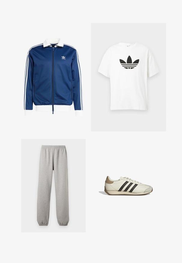Veste de sport zippée bleue avec un col et des poignets blancs, ornée de trois rayures blanches le long des manches et d'un logo Adidas sur la poitrine.; T-shirt en coton blanc avec un grand logo trefoil noir d'Adidas et trois bandes horizontales en dessous. Manches courtes, col ras du cou.; Pantalon de jogging gris clair avec taille et poignets élastiques, coupe droite, en tissu doux.; Baskets en cuir blanc avec trois bandes noires, un bout de talon beige et un bout de pied texturé gris. Surface lisse avec une semelle en gomme.