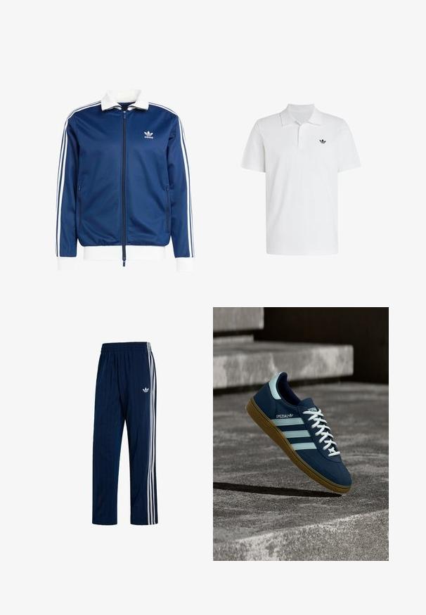 Blå sportslig lynlåsjakke med hvid krave og manchetter, der har tre hvide striber ned ad ærmerne og et Adidas-logo på brystet.; Hvid kortærmet polotrøje med krave og to knapper, med et lille sort Adidas-logo på venstre bryst.; Mørkeblå Adidas træningsbukser med hvide tre striber på siderne og elastisk taljebånd, med hvid trekløverlogo på venstre lår.; Blå Adidas Spezial sneaker med hvide striber og snørebånd, gummisål, svævende over en ru betongoverflade og trin i baggrunden.