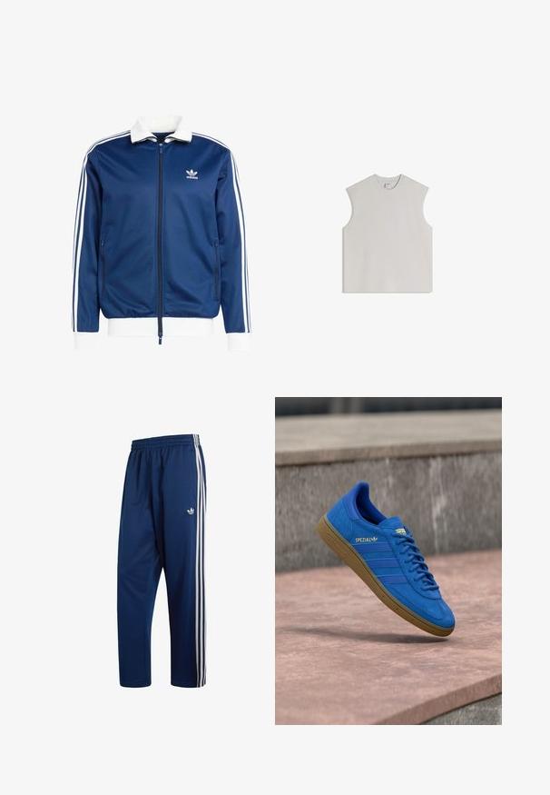 Veste de sport zippée bleue avec un col et des poignets blancs, ornée de trois rayures blanches le long des manches et d'un logo Adidas sur la poitrine.; Débardeur sans manches gris clair en coton doux, doté d'un col rond, d'une coupe décontractée et d'un design minimaliste sans ornements.; Pantalon de survêtement Adidas bleu marine avec taille élastique, trois bandes blanches sur les côtés et petit logo trèfle sur la cuisse supérieure.; Baskets Adidas Spezial bleues avec semelle en gomme, lacets noués, suspendues au-dessus d'une surface lase en pierre près d'un mur en béton gris.