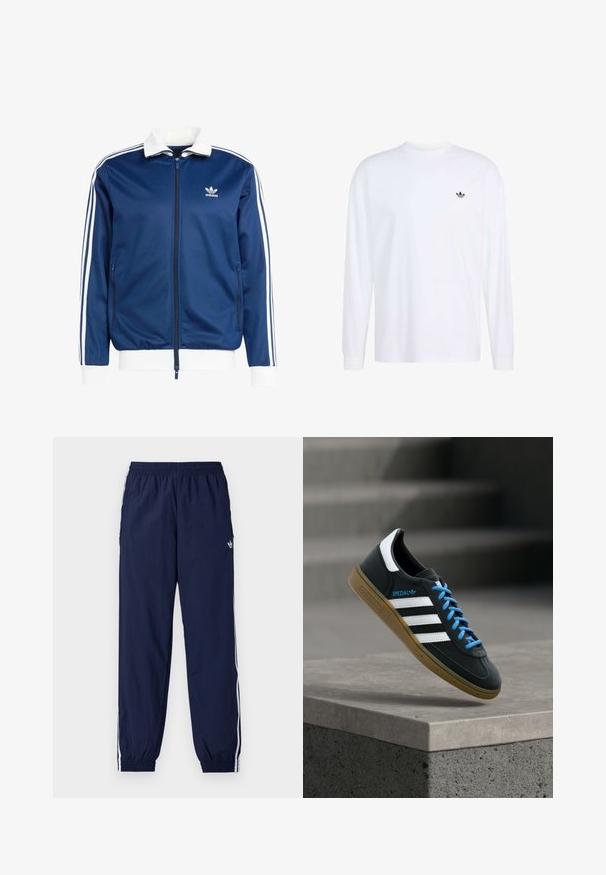 Blå sportslig lynlåsjakke med hvid krave og manchetter, der har tre hvide striber ned ad ærmerne og et Adidas-logo på brystet.; Hvid langærmet crewneck-trøje med lille sort Adidas trefoil-logo på venstre bryst, enkelt design, ribstrikkede manchetter.; Mørkeblå træningsbukser lavet af letvægtsstof med hvide striber på siderne, elastisk taljebånd og lille logo.; Sort Adidas sneaker med hvide striber, blå snørebånd og gummisål, der svæver over gråt betontrin i blødt lys.