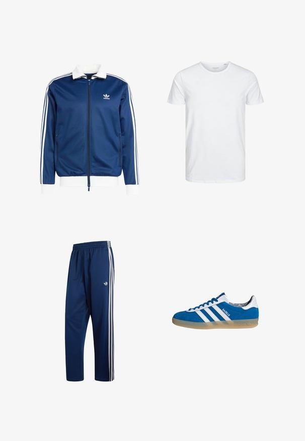 Veste de sport zippée bleue avec un col et des poignets blancs, ornée de trois rayures blanches le long des manches et d'un logo Adidas sur la poitrine.; T-shirt à col rond à manches courtes de couleur blanche unie, fabriqué en coton doux, avec un design simple sans motifs ni accents visibles.; Pantalon de survêtement Adidas bleu marine avec taille élastique, trois bandes blanches sur les côtés et petit logo trèfle sur la cuisse supérieure.; Baskets Adidas Gazelle bleu et blanc avec semelle en gomme et trois bandes blanches, vues de côté sur fond blanc.