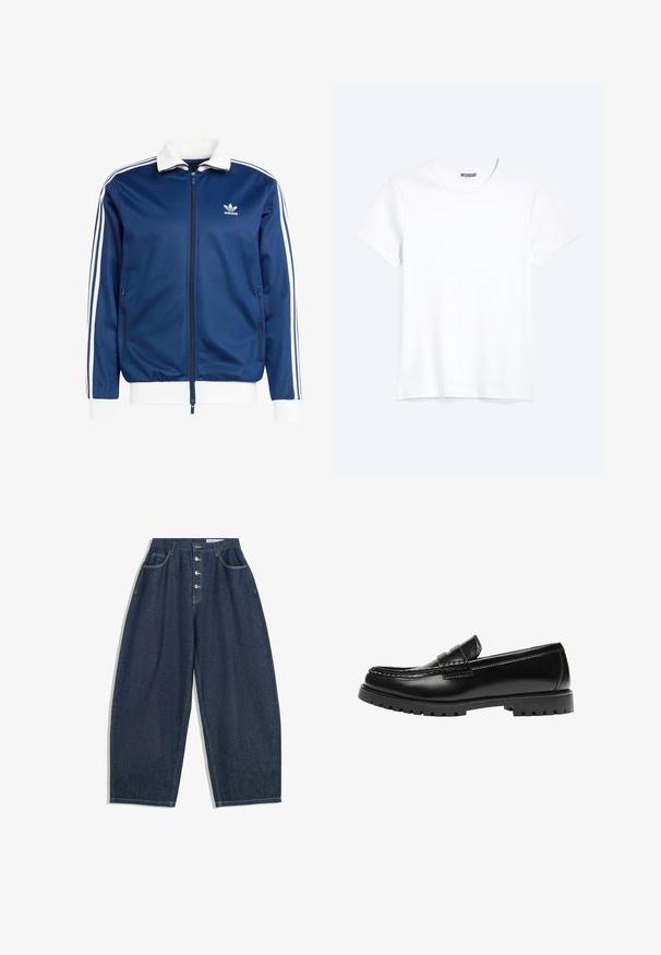 Blå sportslig lynlåsjakke med hvid krave og manchetter, der har tre hvide striber ned ad ærmerne og et Adidas-logo på brystet.; Enkelt hvid T-shirt med korte ærmer og rund hals med synligt WEEKDAY-mærke i kraven, vist på en lys baggrund.; Mørkeblå denim bukser med brede ben og høj talje, fem knaplukninger og fem lommer. Har stikninger som accent på sømmene.; Sort læderloafer med en kraftig gummisål og klassiske penny-strap detaljer, vist fra ydersiden.
