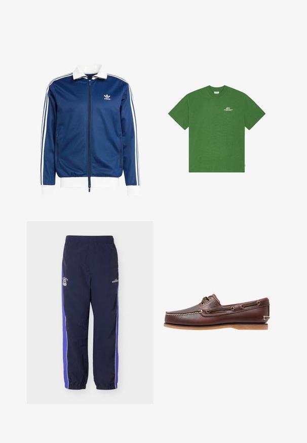 Sininen urheilullinen vetoketjullinen takki, jossa on valkoinen kaulus ja hihansuut, kolmella valkoisella raidalla hihoissa sekä Adidas-logo rinnassa.; Vihreä lyhythihainen pyöreäkauluksinen T-paita, jossa pieni valkoinen "Les Deux Society" -logo vasemmassa rinnassa.; Laivastonsiniset urheiluhousut, joissa on joustava vyötärönauha ja lahkeensuut, violetit sivupaneelit ja valkoiset logolaput reisien yläosassa.; Ruskea nahkainen purjehduskengän valkoisilla saumoilla, nauhakuoseilla ja luonnonvärisellä kumipohjalla, esitetty sivulta valkoisella taustalla.
