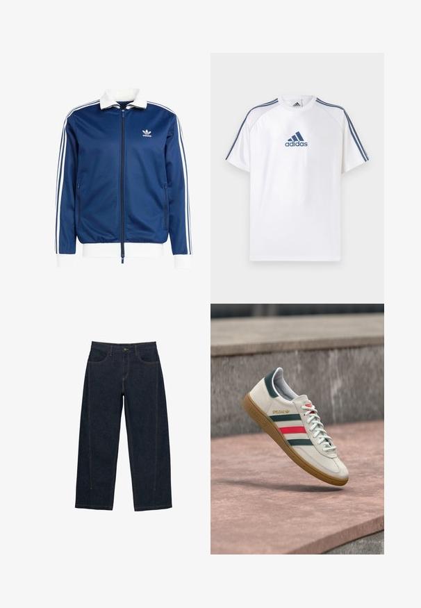 Blå sportslig lynlåsjakke med hvid krave og manchetter, der har tre hvide striber ned ad ærmerne og et Adidas-logo på brystet.; Hvid Adidas T-shirt med blå accenter, korte ærmer og rund hals. Har Adidas-logoet i blå på fronten og tre striber på skuldrene.; Mørkeblå denim jeans med vide ben, kontrasterende orange syninger, fem lommer, knaplukning og talje i mellemhøjde.; Hvid Adidas sneaker med grønne og røde striber, gummisål og "SPEZIAL" branding, der svæver over stensat belægning.