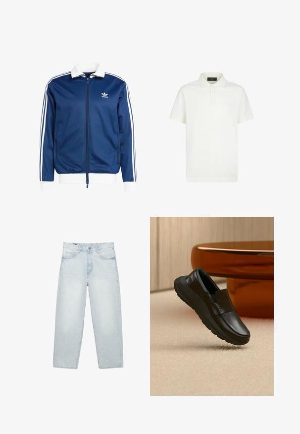 Blauwe sportieve ritsjack met een witte kraag en manchetten, voorzien van drie witte strepen langs de mouwen en een Adidas-logo op de borst.; Witte polo met korte mouwen, kraag en drie knopen, effen ontwerp op een witte achtergrond.; Lichtblauwe high-waist rechte jeans met een knoopsluiting en rits aan de voorkant, riemlussen en ontwerp met vijf zakken op een witte achtergrond.; Zwarte leren loafer met dikke zool, weergegeven boven een beige tapijt en dichtbij een ronde amberkleurige tafelpoot.