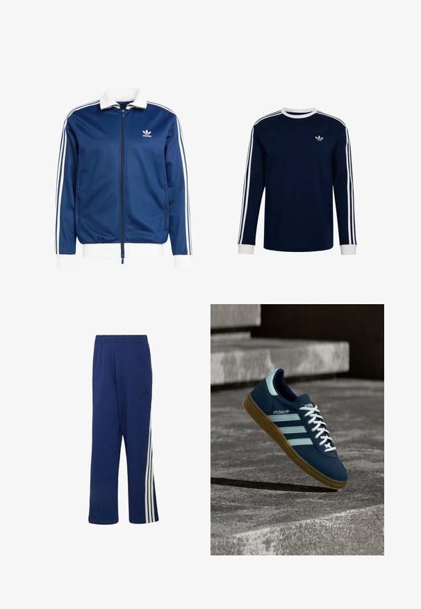 Blå sportslig lynlåsjakke med hvid krave og manchetter, der har tre hvide striber ned ad ærmerne og et Adidas-logo på brystet.; Marineblå langærmet Adidas-shirt med hvide manchetter, krave, tre hvide striber på ærmerne og Adidas trefoil-logo på brystet.; Mørkeblå Adidas træningsbukser med elastisk taljebånd og hvide tre-stribede detaljer langs siderne.; Blå Adidas Spezial sneaker med hvide striber og snørebånd, gummisål, svævende over en ru betongoverflade og trin i baggrunden.