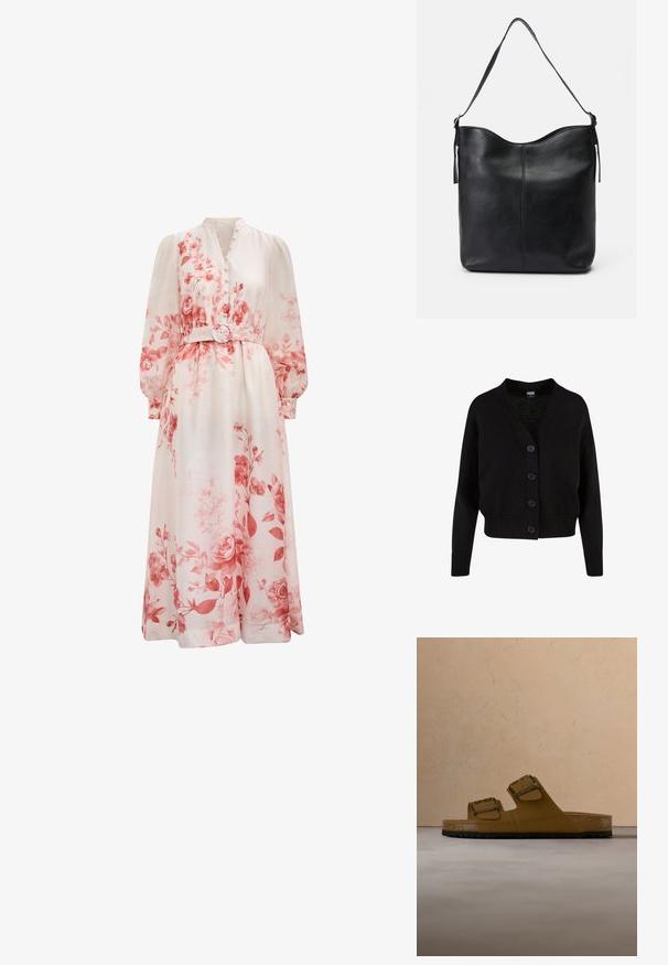 Sort strikket cardigan med lange ærmer, ribstrikkede manchetter og kant, V-hals og fire knapper foran.; Lang cremefarvet kjole med lyserøde blomsterprint, lange puffede ærmer, knappet front og et matchende bælte med rund spænde i taljen.; Brun kunstig ruskind klipklap med to spænder i guldfarve og en korkfodsål. Tekstureret sort gummi ydersål for greb.; Sort læder skuldertaske med en glat tekstur, rund top, enkelt strop og minimalistisk design uden synligt hardware.