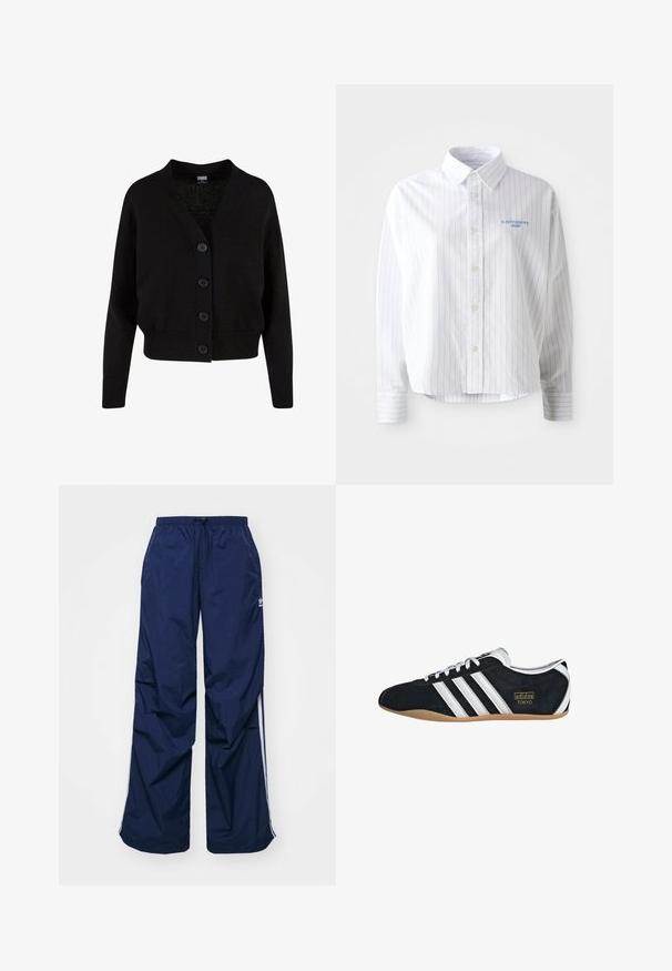 Sort strikket cardigan med lange ærmer, ribstrikkede manchetter og kant, V-hals og fire knapper foran.; Hvid skjorte med lyseblå lodrette striber, en spids krave og et lille blåt logo på venstre bryst. Forarbejdet i bomuldsstof, afslappet pasform.; Marineblå, letvægtsbukser med elastik i taljen og snøre, med hvide sidelister og et lille logo foran. Løs pasform.; Sort ruskinds sneaker med hvide tre striber, guldlogo og en brun gummisål. Har et lavprofil snørebåndsdesign.