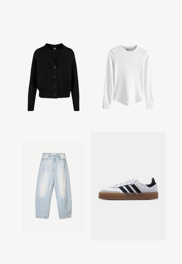 Zwarte gebreide cardigan met lange mouwen, geribde boorden en zoom, V-hals en vier knopen aan de voorkant.; Wit geribd top met lange mouwen, ronde hals en licht gebogen zoom, afgebeeld tegen een effen witte achtergrond.; Lichtblauwe denim jeans met een losse pasvorm, voorzien van een vervaagde afwerking, twee voorzakken en een knoopsluiting bij de taille.; Witte leren sneakers met zwarte strepen, gumrubberen buitenzool, ronde neus, vetersluiting en een zachte grijze suède neuskap.