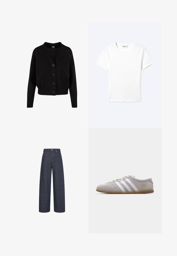 Cardigan en maille noire à manches longues, bords-côtes aux poignets et à l'ourlet, col en V et quatre boutons sur le devant.; T-shirt blanc uni à manches courtes et col rond avec une petite étiquette "WEEKDAY" à l'intérieur de l'encolure, présenté à plat sur un fond clair.; Jean denim bleu foncé à jambes larges avec bouton et poches à l'avant, présenté sur fond blanc.; Baskets en daim gris avec des rayures en cuir blanc et un logo doré. Semelle en gomme plate, bout rond et design classique à lacets.