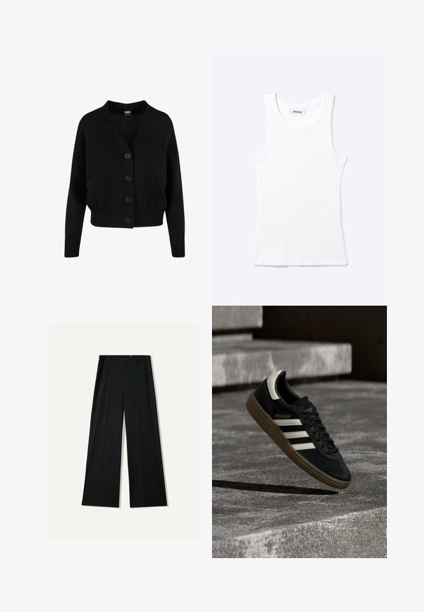 Cardigan en maille noire à manches longues, bords-côtes aux poignets et à l'ourlet, col en V et quatre boutons sur le devant.; Débardeur blanc côtelé sans manches avec encolure ronde et une petite étiquette indiquant "WEEKDAY" à l'intérieur du col.; Bershka WIDE - Pantalon classique - black; Baskets Adidas noires avec des bandes blanches et une semelle en gomme flottant au-dessus d'escaliers en béton gris sous une lumière naturelle.
