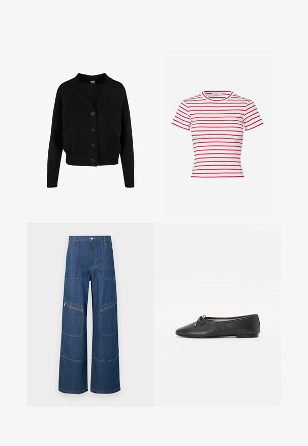 Sort strikket cardigan med lange ærmer, ribstrikkede manchetter og kant, V-hals og fire knapper foran.; Rød- og hvidstribet kortærmet T-shirt lavet af ribbet stof med rund hals og tætsiddende design.; Blå vidde bukser i denim med høj talje, forlommer med lapper og lynlåslommer ved knæene, vist mod en ensfarvet baggrund.; Sort læder balletflade med en rund toe og en dekorativ sløjfe detalje. Designet har en glat tekstur og en lav, flad hæl.
