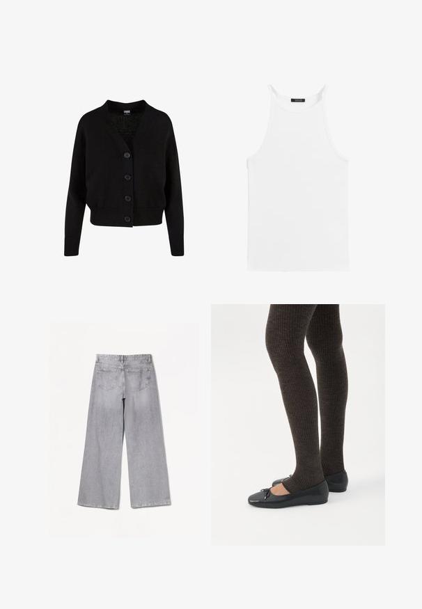 Zwarte gebreide cardigan met lange mouwen, geribde boorden en zoom, V-hals en vier knopen aan de voorkant.; Witte mouwloze tanktop met dunne bandjes en een hoge halslijn, plat gelegd op een witte achtergrond.; Grijze wijde jeans met een hoge taille, voorzien van een gladde textuur, twee achterzakken en subtiele stikseldetails.; Benen met donkere geribbelde leggings gecombineerd met zwarte ballerina's met kleine strikdetails op een witte achtergrond.