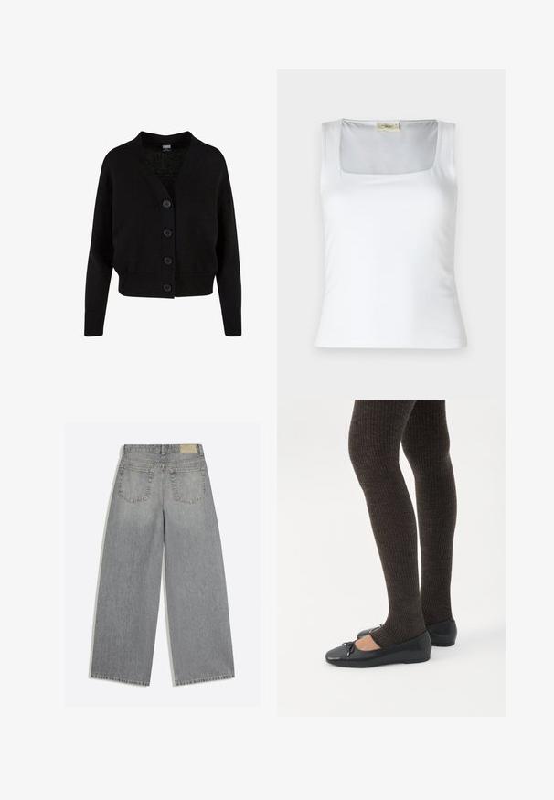 Zwarte gebreide cardigan met lange mouwen, geribde boorden en zoom, V-hals en vier knopen aan de voorkant.; Witte tanktop met vierkante halslijn, gemaakt van zachte stof. Beschikt over brede bandjes en een aansluitende pasvorm. Geen zichtbare patronen of versieringen.; Grijze wijde denim jeans met achterkant met twee zakken en riemlussen plat op een witte achtergrond gelegd.; Benen met donkere geribbelde leggings gecombineerd met zwarte ballerina's met kleine strikdetails op een witte achtergrond.