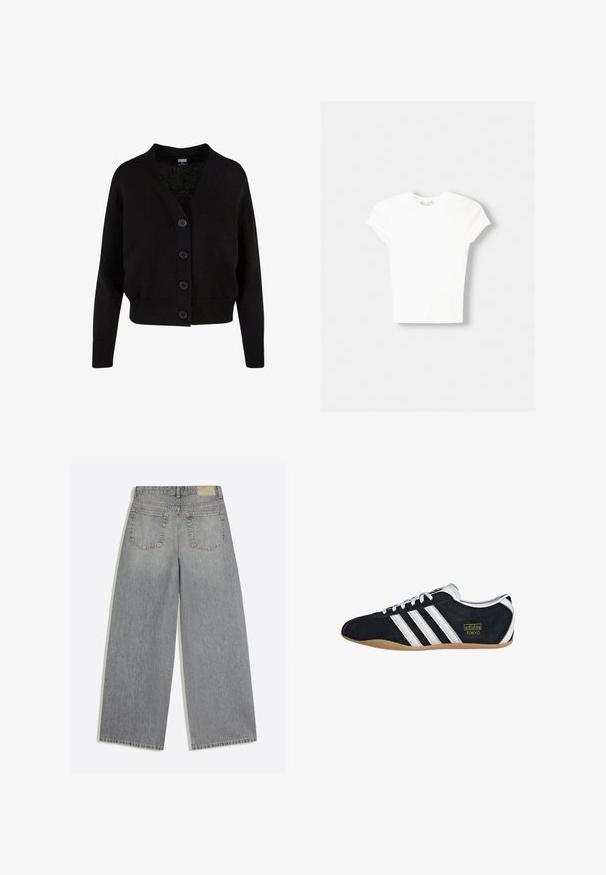 Zwarte gebreide cardigan met lange mouwen, geribde boorden en zoom, V-hals en vier knopen aan de voorkant.; Witte t-shirt met korte mouwen van zachte katoen, met een ronde halslijn en een getailleerde vorm. Geen zichtbare patronen of versieringen.; Grijze wijde denim jeans met achterkant met twee zakken en riemlussen plat op een witte achtergrond gelegd.; Zwarte suède sneaker met witte drie strepen, gouden logo en een bruine rubberen zool. Heeft een laag profiel vetersluiting ontwerp.