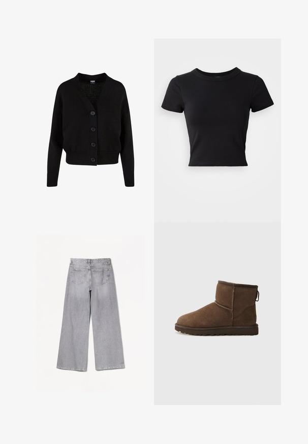 Zwarte gebreide cardigan met lange mouwen, geribde boorden en zoom, V-hals en vier knopen aan de voorkant.; Zwart cropped t-shirt van stevige katoen, met korte mouwen en een ronde halslijn, met een glad en eenvoudig ontwerp.; Grijze wijde jeans met een hoge taille, voorzien van een gladde textuur, twee achterzakken en subtiele stikseldetails.; UGG CLASSIC MINI II - Snowboots - dusted cocoa