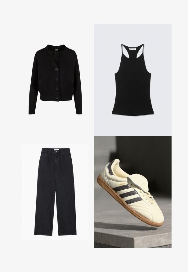 Sort strikket cardigan med lange ærmer, ribstrikkede manchetter og kant, V-hals og fire knapper foran.; Sort ærmeløs racerback-top med "WEEKDAY" label på øvre ryg, vist på en lys grå baggrund.; Sorte højtaljede bredbenede denimjeans med frontknap og lynlås, bæltestropper og fem-lomme stil.; Cremefarvede lædersneakers med tre mørke striber, en brun gummisål og en afrundet tå. Har en foldbar tunge mærket "SAMBA."