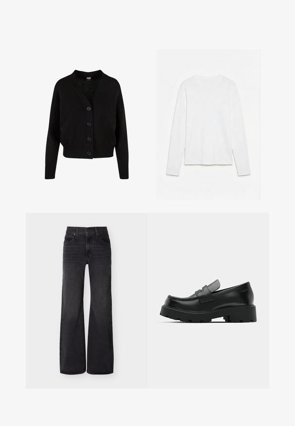 Cardigan en maille noire à manches longues, bords-côtes aux poignets et à l'ourlet, col en V et quatre boutons sur le devant.; T-shirt blanc uni à manches longues et col rond, posé à plat sur une surface blanche, montrant l'avant et la longueur complète des manches.; Jean noir taille haute à jambes larges avec bouton avant, fermeture éclair, passants de ceinture et style cinq poches sur un fond uni.; Mocassins en cuir noir avec une semelle épaisse et texturée, dotés d'une sangle sur le vamp et d'une finition lisse et polie.