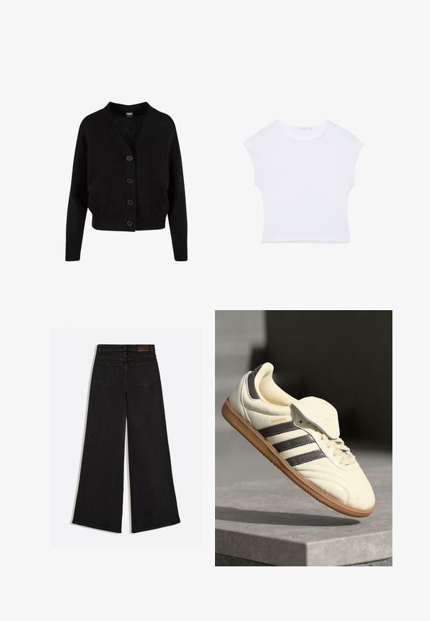 Sort strikket cardigan med lange ærmer, ribstrikkede manchetter og kant, V-hals og fire knapper foran.; Hvid kortærmet cropped T-shirt med rund halsudskæring, lavet af glat stof, lagt fladt på en hvid baggrund.; Sort vidde jeans med baglommer og bæltestropper på linningen, set bagfra.; Cremefarvede lædersneakers med tre mørke striber, en brun gummisål og en afrundet tå. Har en foldbar tunge mærket "SAMBA."