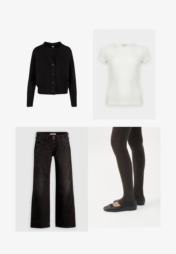 Zwarte gebreide cardigan met lange mouwen, geribde boorden en zoom, V-hals en vier knopen aan de voorkant.; Effen witte aansluitende T-shirt met korte mouwen en ronde hals, getoond op een neutrale achtergrond.; Zwarte wijde jeans met een licht vervaagde afwerking, voorzien van voorzakken, een ritssluiting en een knoopsluiting. Gemaakt van denim stof.; Benen met donkere geribbelde leggings gecombineerd met zwarte ballerina's met kleine strikdetails op een witte achtergrond.
