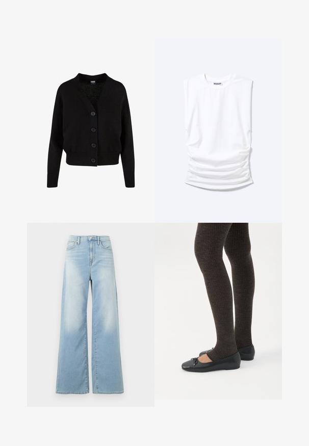 Sort strikket cardigan med lange ærmer, ribstrikkede manchetter og kant, V-hals og fire knapper foran.; Hvid ærmeløs t-shirt med rund halsudskæring, polstrede skuldre og rynkede sider, lagt fladt på lys baggrund.; Lyseblå jeans med vide ben og høj talje, forrest med knapper og lommer, vist mod en hvid baggrund.; Ben iført mørke ribbede leggings kombineret med sorte balletsko med små sløjfedetaljer på hvid baggrund.
