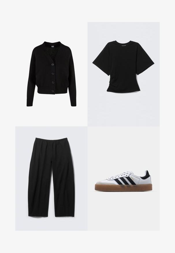 Sort strikket cardigan med lange ærmer, ribstrikkede manchetter og kant, V-hals og fire knapper foran.; Sort T-shirt med korte ærmer og rund hals, let oversized pasform, vist på en lysegrå baggrund.; Løse sorte bukser med elastisk taljebånd og lige, vide ben, vist fladt mod en lys baggrund.; Hvide lædersneakers med sorte striber, gummirubber sål, rund tå, snørelukning og blød grå ruskinds tåhætte.