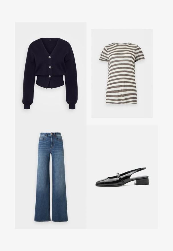 Cardigan court bleu marine en tissu tricot doux. Présente un décolleté en V profond et cinq boutons décoratifs. Manches longues et volumineuses avec des poignets côtelés.; T-shirt manches courtes col rond avec des rayures horizontales marron et blanches, présenté sur un fond clair uni.; Jean en denim bleu taille haute avec jambes larges, fermeture avant par boutons et zip, et poches devant et derrière.; Chaussure slingback en cuir verni noir avec un petit talon bloc et une fine bride avec une boucle argentée sur le dessus.