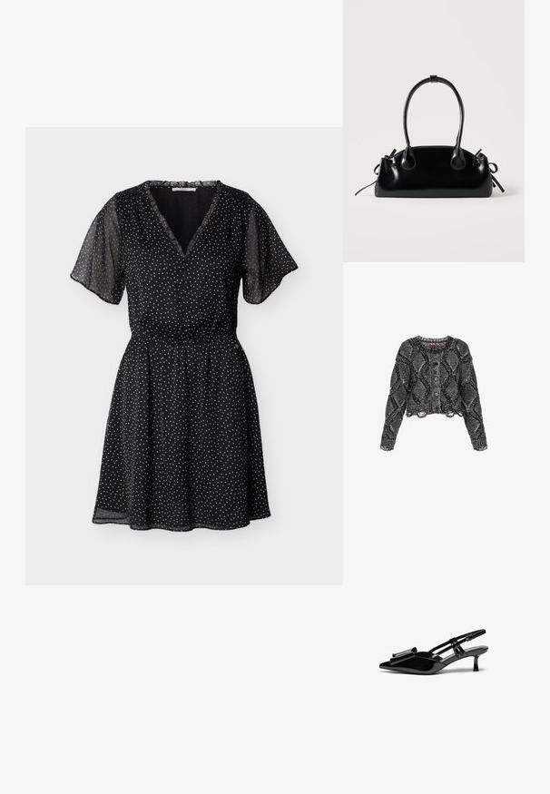 Cárdigan de punto en blanco y negro cortado, con un patrón de diamantes, cuello redondo, botones en la parte delantera y bordes deshilachados en los puños y el dobladillo.; Vestido negro de tela ligera con mangas cortas y ondas, escote en V, cintura ceñida y patrón de lunares blancos por todo el vestido.; Zapatos de tacón slingback de charol negro con punta afilada, detalle de lazo en el frente y un pequeño tacón de aguja. Las correas tienen hebillas ajustables.; Pequeño bolso negro brillante con dos asas largas y detalles de cordón lateral sobre un fondo claro liso.