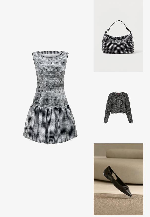 Cárdigan de punto en blanco y negro cortado, con un patrón de diamantes, cuello redondo, botones en la parte delantera y bordes deshilachados en los puños y el dobladillo.; Vestido a cuadros en blanco y negro con un cuerpo ajustado, textura fruncida y una falda acampanada. Cuello redondo sencillo y diseño sin mangas.; Zapato plano negro de punta puntiaguda con un pequeño detalle de lazo, mostrado sobre una alfombra beige y frente a un sofá beige.; Bolso negro y plateado con una superficie tejida y texturizada que presenta patrones cuadrados, un asa superior única y un diseño holgado.