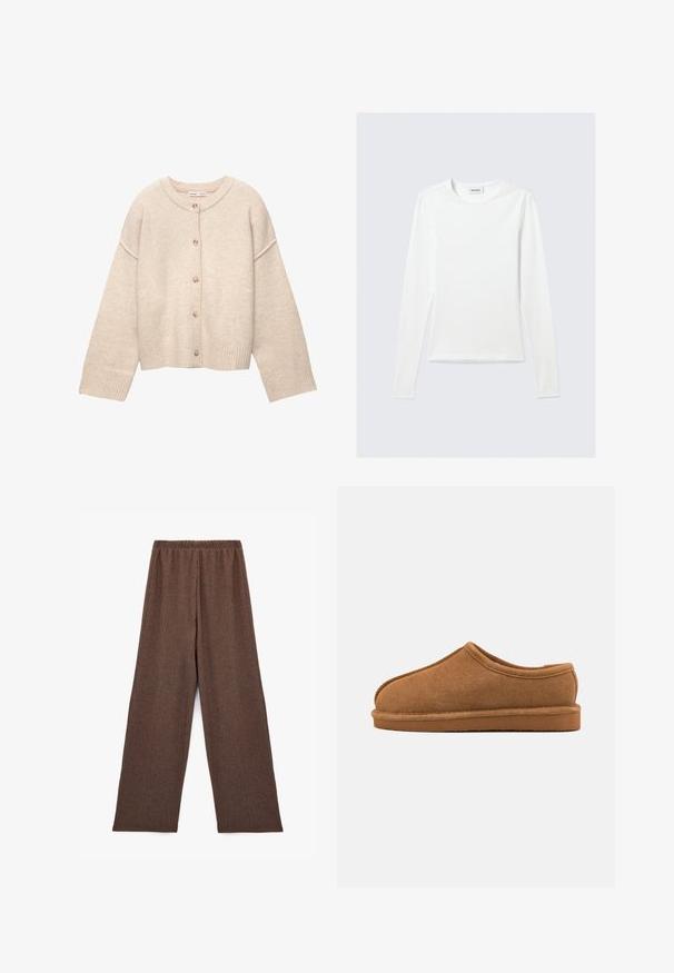 Cardigan en laine beige avec encolure ronde, cinq boutons sur le devant, manches longues et poignets et ourlet côtelés.; T-shirt blanc uni à manches longues avec col rond et coupe slim, présenté sur un fond gris clair.; Pantalons marron, amples, à taille élastique avec un tissu texturé. Jambes larges et design épuré, adaptés pour une tenue décontractée.; Chausson en suede marron avec un bout arrondi, un dos bas et une tige texturée. Il présente une couture et une semelle en caoutchouc plate pour un usage intérieur.
