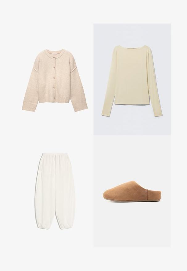 Cardigan en laine beige avec encolure ronde, cinq boutons sur le devant, manches longues et poignets et ourlet côtelés.; Haut beige à manches longues et cintré avec un col bateau, présenté à plat sur un fond clair.; Pantalon blanc ample avec une taille élastique et des poignets aux chevilles. Fabriqué dans un tissu léger et texturé.; Chausson en suède beige à enfiler, avec bout fermé, talon ouvert, semelle plate et petit logo UGG sur le côté, montré de profil.
