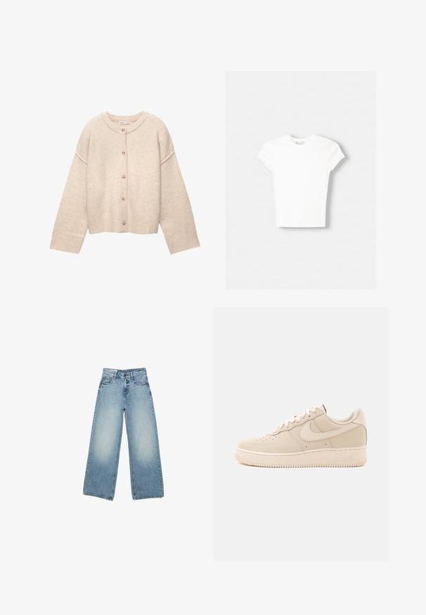 Cardigan en laine beige avec encolure ronde, cinq boutons sur le devant, manches longues et poignets et ourlet côtelés.; T-shirt blanc à manches courtes en coton doux, avec un col rond et une coupe ajustée. Pas de motifs ni d'ornements visibles.; Jean bleu clair taille haute à jambes larges avec poches avant et arrière, fermeture par bouton et zip.; Baskets basses beiges Nike Air Force 1 avec fermeture à lacets et perforations sur la boîte à orteils sur un fond uni.