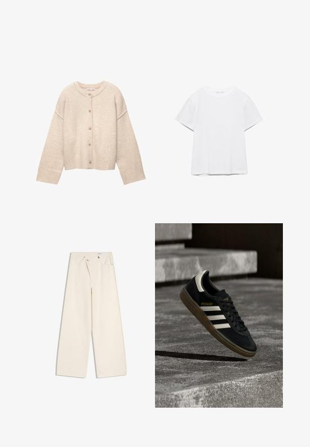 Cardigan en laine beige avec encolure ronde, cinq boutons sur le devant, manches longues et poignets et ourlet côtelés.; T-shirt blanc uni à manches courtes et col rond, avec un ourlet droit, présenté sur un fond blanc.; Pantalon large couleur écru avec poches avant, passants pour ceinture, et boutons argentés sur la ceinture et les bords des poches.; Baskets Adidas noires avec des bandes blanches et une semelle en gomme flottant au-dessus d'escaliers en béton gris sous une lumière naturelle.