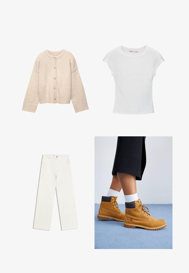Cardigan en laine beige avec encolure ronde, cinq boutons sur le devant, manches longues et poignets et ourlet côtelés.; T-shirt en coton blanc avec manches courtes retroussées, encolure ronde et ourlet droit. Texture lisse sans motifs ni accents visibles.; Jean blanc taille haute, jambes droites, avec poches avant et fermeture à bouton sur fond blanc.; Bottines en suede beige avec des accents en cuir marron, des œillets dorés et une semelle texturée. Chaussettes blanches visibles au-dessus des bottines.