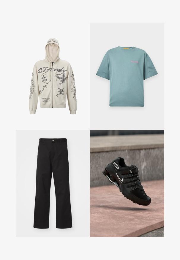 Beige zip-up huppari, jossa on huppu. Siinä on mustia graafisia kuvastoja, mukaan lukien teksti ja kuvastot pääkallosta ja kotkasta. Kaksi etutaskua.; Vaaleansininen puuvillapaita, jossa on rento istuvuus. Ominaisuuksiin kuuluu pyöreä kaulus ja lyhyet hihat. Vasemman rinnan kohdalla on vaaleanpunaisella tekstillä "Tee kovasti töitä, juhli kovasti".; Mustat housut, jotka on valmistettu kestävästä kankaasta ja joissa on suora istuvuus. Housuissa on etunappikiinnitys, vyölenkit sekä ei näkyviä kuvioita tai koristuksia.; Musta Nike Shox -juoksukenkä, jossa valkoinen swoosh-logo, keskellä ilmaa vaaleanpunertavan betonipinnan yläpuolella harmaan kiviseinän edessä.