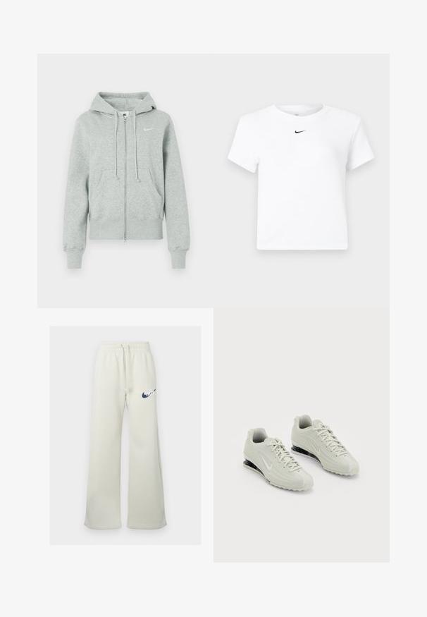 Lichtgrijze Nike trainingsjack met rits, capuchon, voorzakken, trekkoorden, geribbelde manchetten en wit Nike swoosh-logo op de borst.; Witte Nike cropped T-shirt met korte mouwen en een kleine zwarte Nike swoosh-logo, gecentreerd onder de halslijn.; Crème-kleurige sweatpants van een katoenmix, met een relaxte pasvorm, elastische tailleband met trekkoord en een marineblauw Nike-logo aan de voorkant.; Witte Nike sneakers met een gestructureerde bovenkant, voorzien van een gladde neus en zwarte dempingaccenten. Vetersluiting met een versterkte hiel.