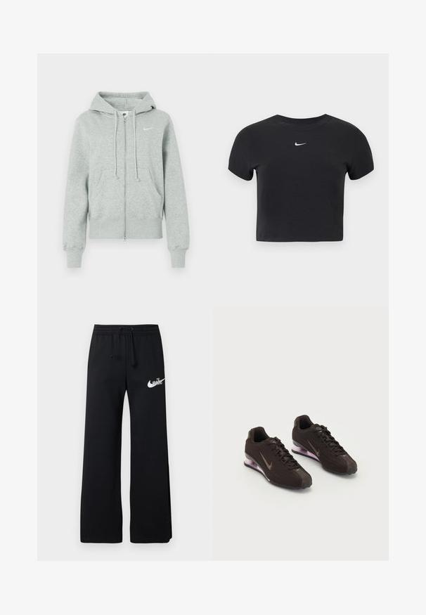 Lichtgrijze Nike trainingsjack met rits, capuchon, voorzakken, trekkoorden, geribbelde manchetten en wit Nike swoosh-logo op de borst.; Zwart cropped t-shirt van katoen, met een ronde hals en korte mouwen. Opvallend wit Nike-logo op de borst.; Zwarte sweatpants van zacht materiaal, voorzien van een elastische tailleband met trekkoord en een wit Nike-logo aan de linkerkant.; Zwarte sportieve schoenen met een gestructureerde bovenkant, bruine accenten en een paarse air-cushion zool. Vetersluiting met opvallende merkvoering.
