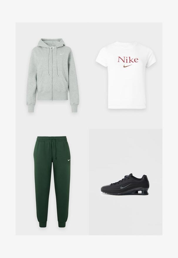 Hellgraue Nike Kapuzenjacke mit Kapuze, Fronttaschen, Kordelzügen, gerippten Bündchen und weißem Nike Swoosh-Logo auf der Brust.; Weißes T-Shirt mit kurzen Ärmeln, rotem "Nike"-Text und einem Leopardenmuster-Nike-Swoosh-Logo, das in der Mitte der Brust platziert ist.; Grüne Jogginghose mit elastischem Bund, Kordelzug und Bündchen an den Knöcheln. Mit einem kleinen weißen Logo auf dem oberen linken Bein ausgestattet.; Schwarze Nike-Sneaker mit einer strukturierten Oberseite, die ein schlankes Design, Schnürverschluss und eine sichtbare Air-Ferseneinheit aufweisen. Minimalistische Markenakzente.