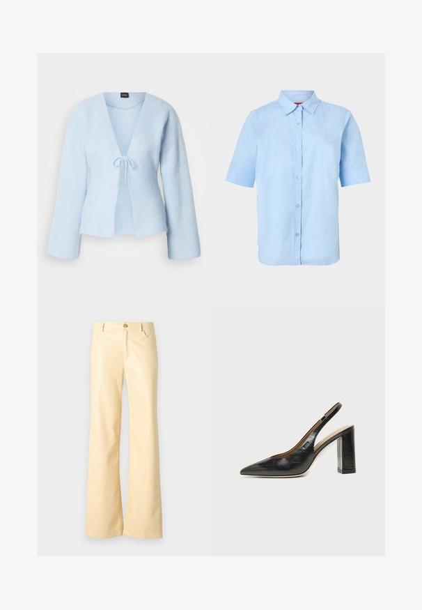 Cardigan en laine bleu clair avec un décolleté en V profond, des manches évasées longues et une fermeture à nouer à la taille. Texture douce avec une coupe décontractée.; Chemise bleu clair à manches courtes avec col pointu et logo en relief subtil sur le côté gauche de la poitrine.; Pantalons évasés en jaune pâle, en matériau lisse et brillant. Comprend un bouton avant, deux poches latérales et une coupe droite.; Chaussure slingback en cuir noir à bout pointu avec un talon bloc haut et une doublure intérieure beige sur un fond clair uni.